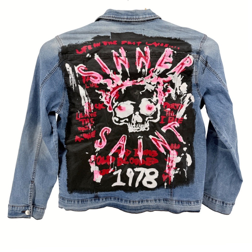 Mac Keen Denim Jacket Mens XL Pre-Owned Trucker Blue Sinner Saint Skull Graphic